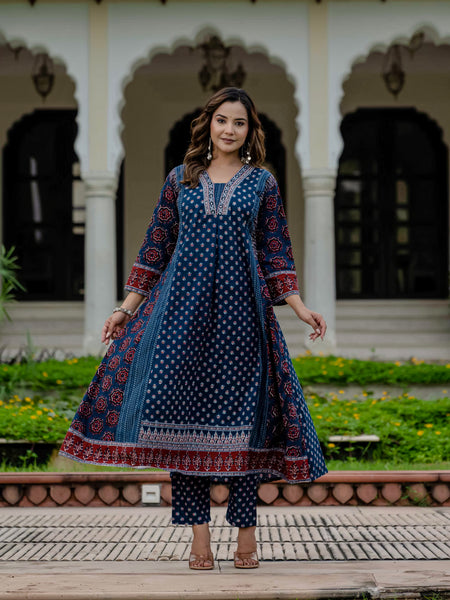 Ebbani Women’s Cotton Ethnic Printed Navy Blue Kurta Set with Pants & Dupatta