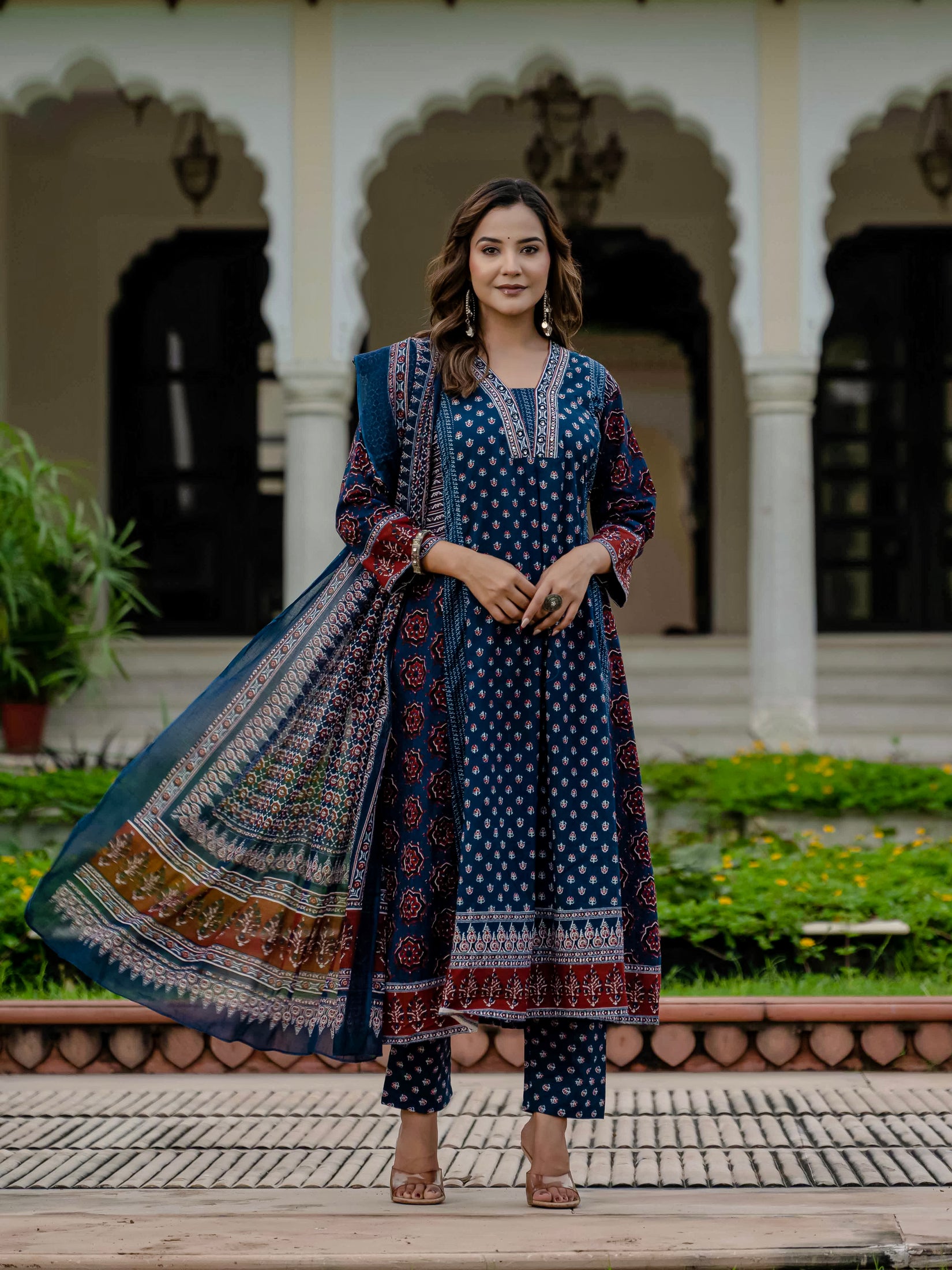 Cotton Printed Navy Blue Kurta Set with Pants & Dupatta
