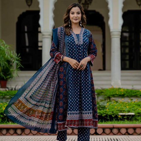 Cotton Printed Navy Blue Kurta Set with Pants & Dupatta