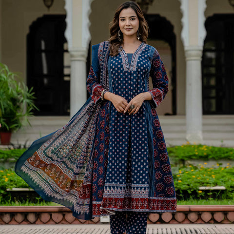 Cotton Printed Navy Blue Kurta Set with Pants & Dupatta