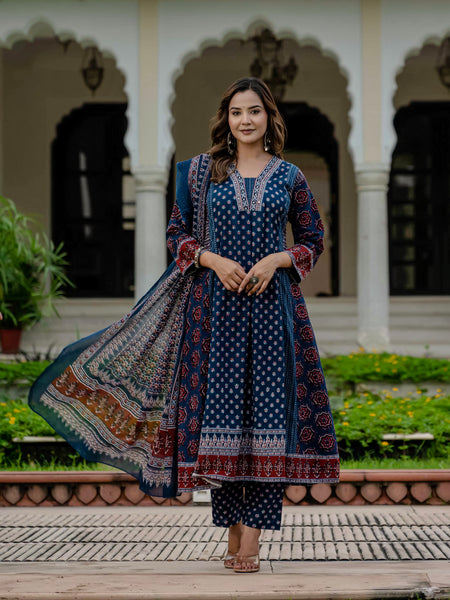 Cotton Printed Navy Blue Kurta Set with Pants & Dupatta