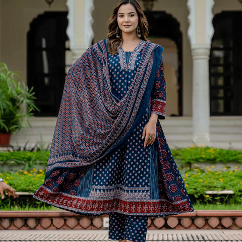 Cotton Printed Navy Blue Kurta Set with Pants & Dupatta