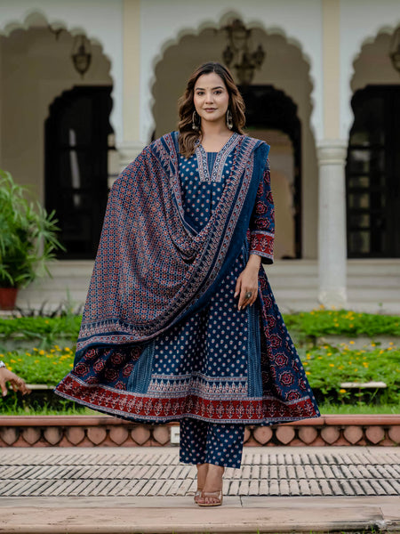 Cotton Printed Navy Blue Kurta Set with Pants & Dupatta
