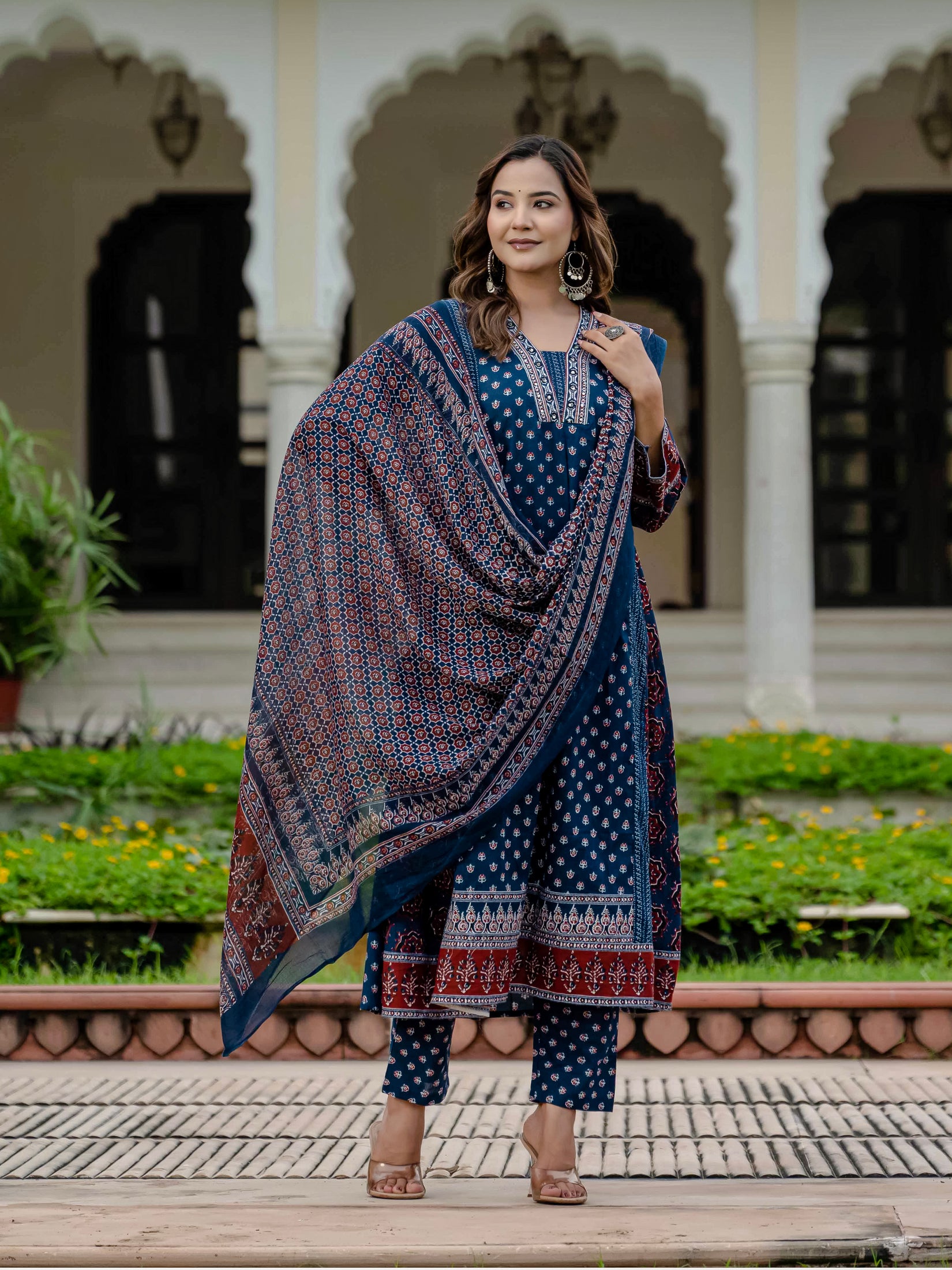 Cotton Printed Navy Blue Kurta Set with Pants & Dupatta