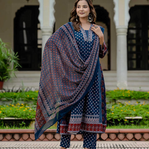 Cotton Printed Navy Blue Kurta Set with Pants & Dupatta