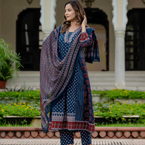 Cotton Printed Navy Blue Kurta Set with Pants & Dupatta