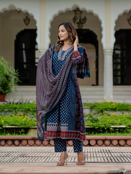 Cotton Printed Navy Blue Kurta Set with Pants & Dupatta
