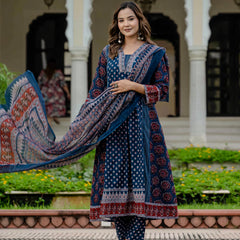 Ebbani Women’s Cotton Ethnic Printed Navy Blue Kurta Set with Pants & Dupatta