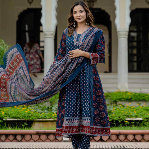 Cotton Printed Navy Blue Kurta Set with Pants & Dupatta