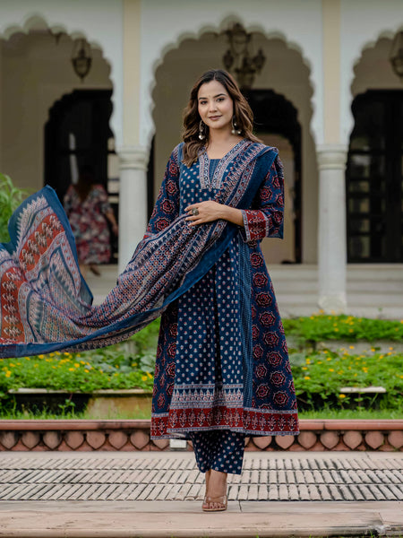 Ebbani Women’s Cotton Ethnic Printed Navy Blue Kurta Set with Pants & Dupatta