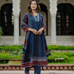 Ebbani Women’s Cotton Ethnic Printed Navy Blue Kurta Set with Pants & Dupatta