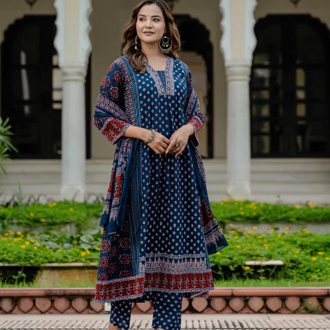 Cotton Printed Navy Blue Kurta Set with Pants & Dupatta