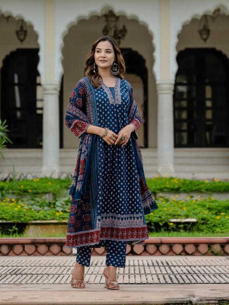 Ebbani Women’s Cotton Ethnic Printed Navy Blue Kurta Set with Pants & Dupatta