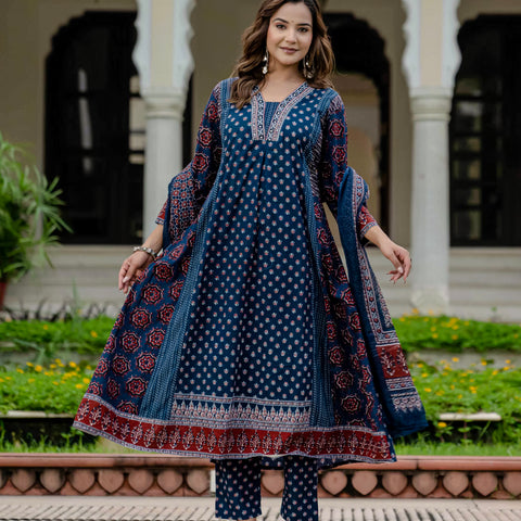 Cotton Printed Navy Blue Kurta Set with Pants & Dupatta