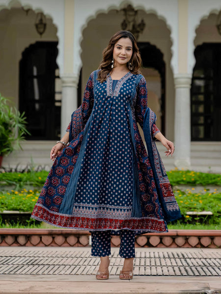Cotton Printed Navy Blue Kurta Set with Pants & Dupatta