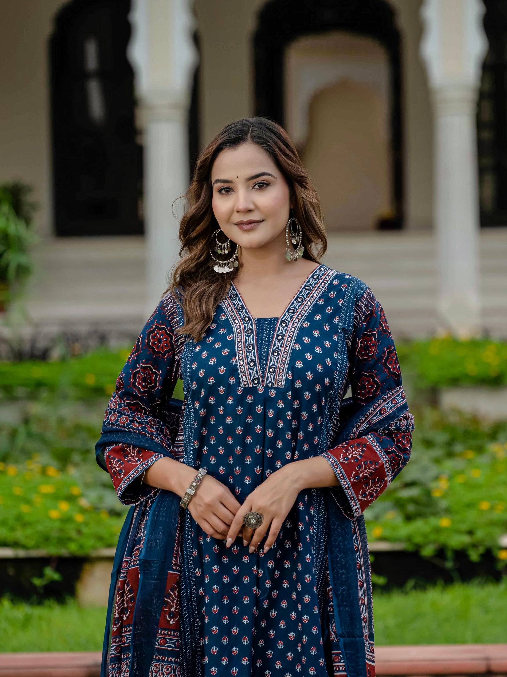Cotton Printed Navy Blue Kurta Set with Pants & Dupatta