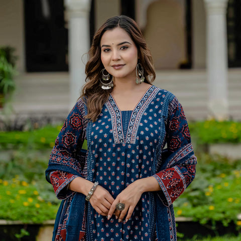 Cotton Printed Navy Blue Kurta Set with Pants & Dupatta