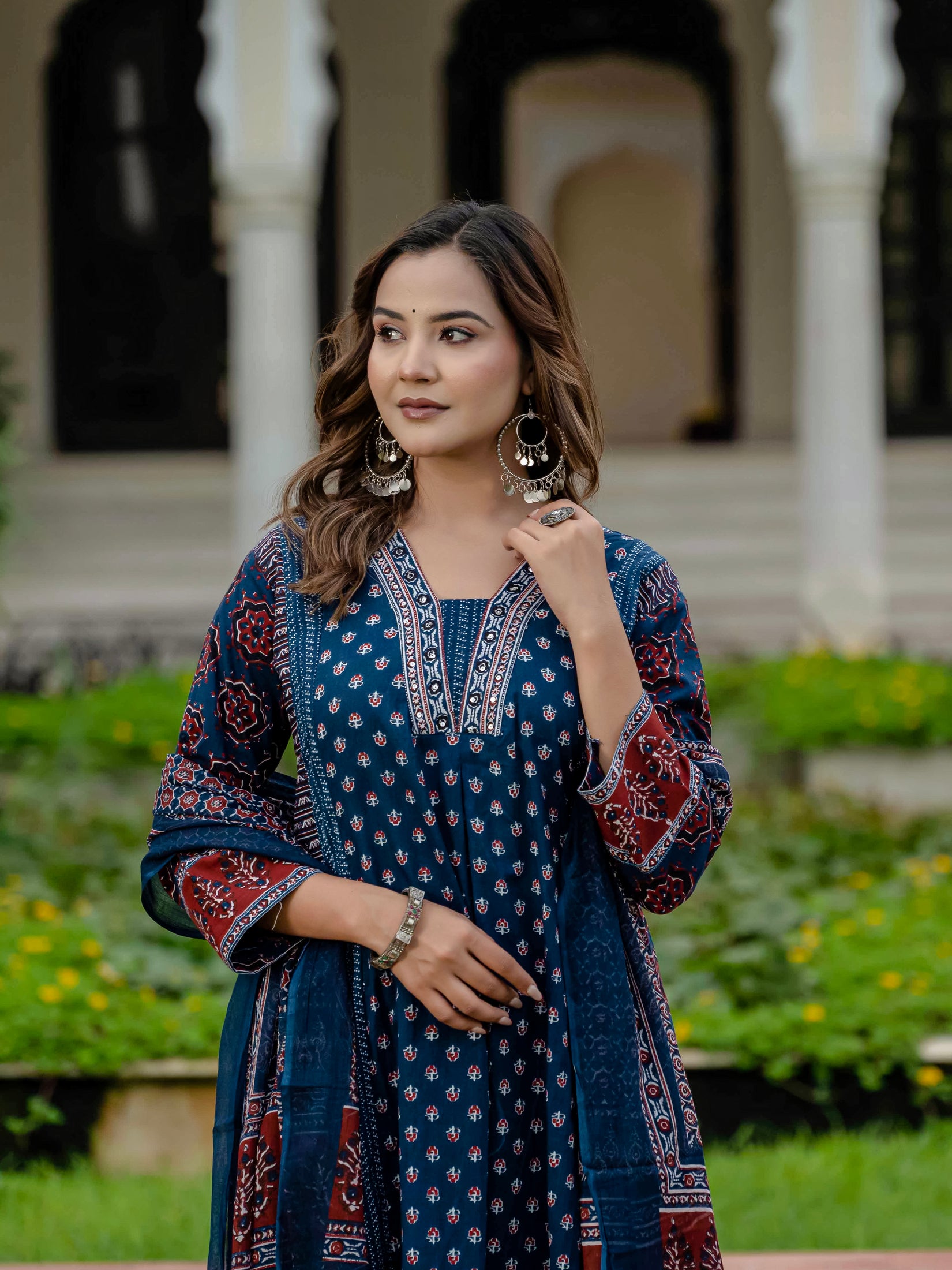 Cotton Printed Navy Blue Kurta Set with Pants & Dupatta