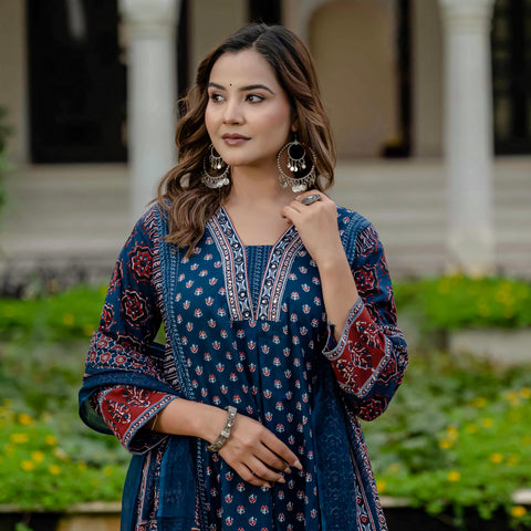 Cotton Printed Navy Blue Kurta Set with Pants & Dupatta