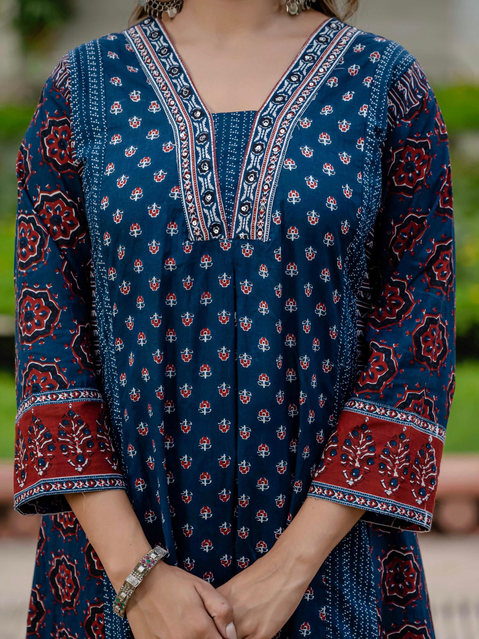Cotton Printed Navy Blue Kurta Set with Pants & Dupatta