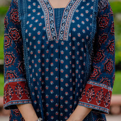 Ebbani Women’s Cotton Ethnic Printed Navy Blue Kurta Set with Pants & Dupatta