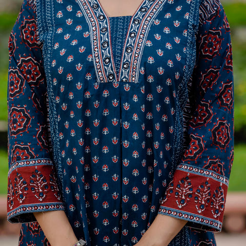 Cotton Printed Navy Blue Kurta Set with Pants & Dupatta