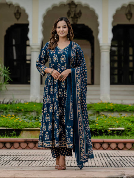 Ebbani Women’s Pure Cotton Floral Kurta Set with Pants & Dupatta