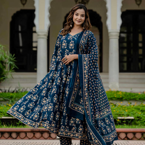 Ebbani Women’s Pure Cotton Floral Kurta Set with Pants & Dupatta