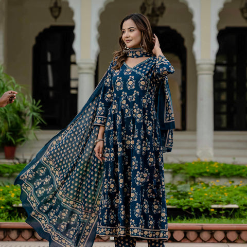 Ebbani Women’s Pure Cotton Floral Kurta Set with Pants & Dupatta