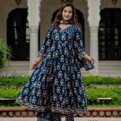 Ebbani Women’s Pure Cotton Floral Kurta Set with Pants & Dupatta