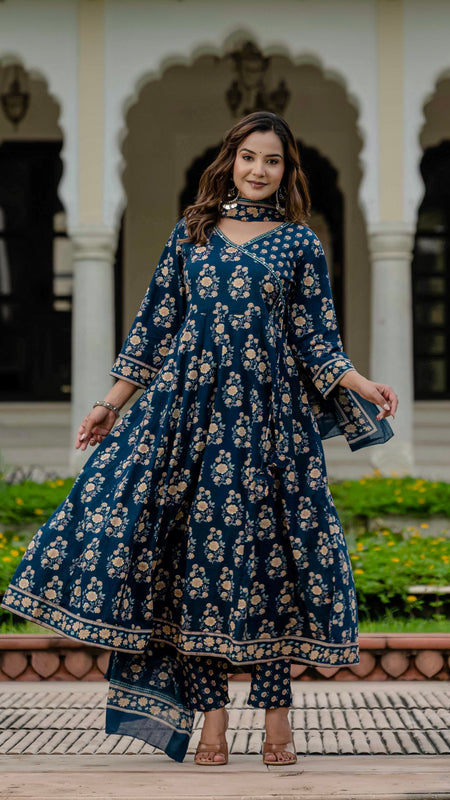 Ebbani Women’s Pure Cotton Floral Kurta Set with Pants & Dupatta