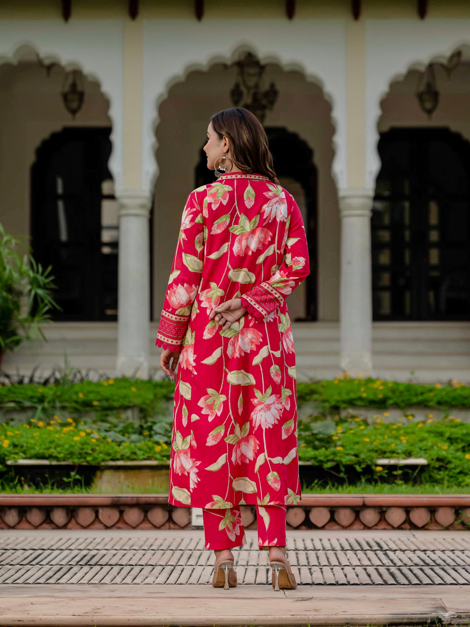 Cotton Pink Floral Kurta Set with Pants & Dupatta