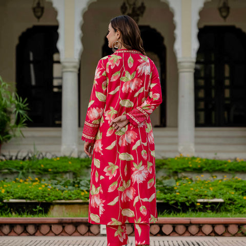 Cotton Pink Floral Kurta Set with Pants & Dupatta