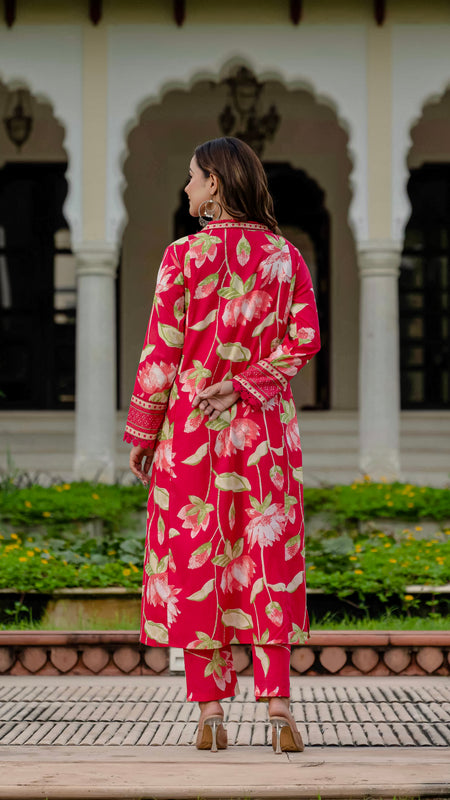 Ebbani Women’s Pure Cotton Pink Floral Kurta Set with Pants & Dupatta