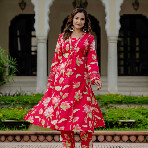 Cotton Pink Floral Kurta Set with Pants & Dupatta
