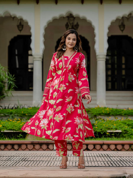 Ebbani Women’s Pure Cotton Pink Floral Kurta Set with Pants & Dupatta