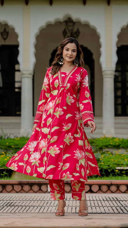 Ebbani Women’s Pure Cotton Pink Floral Kurta Set with Pants & Dupatta