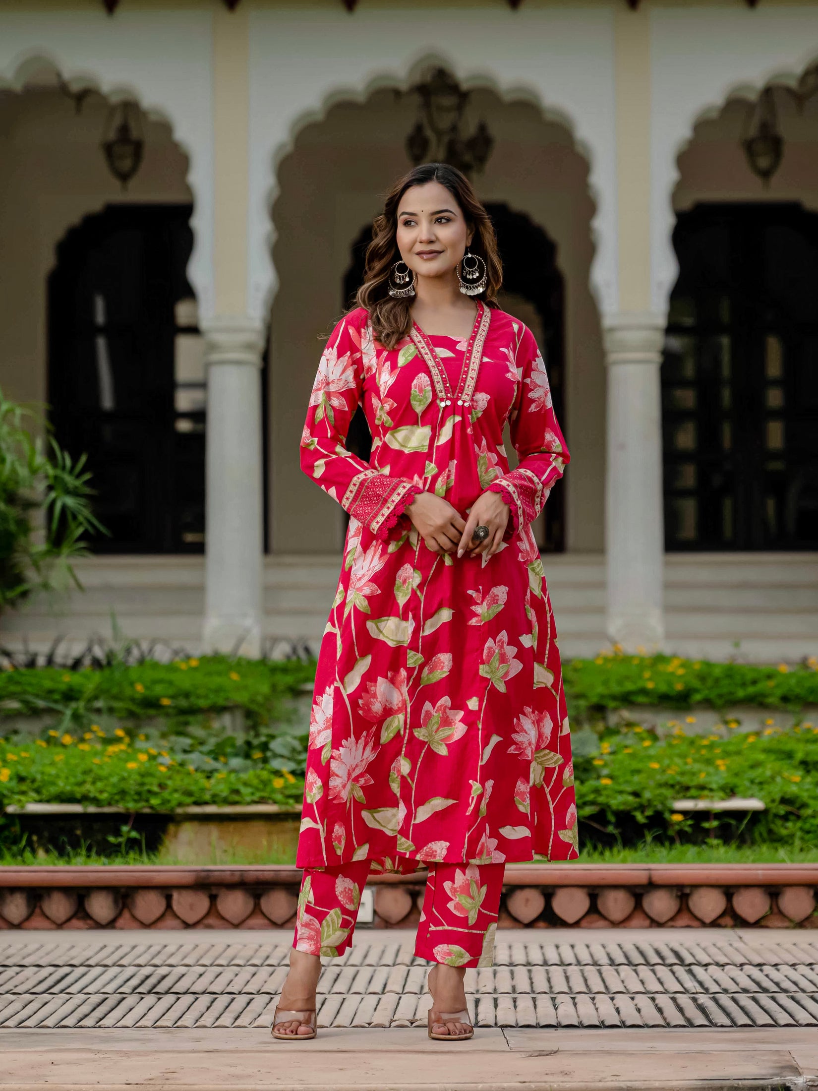 Cotton Pink Floral Kurta Set with Pants & Dupatta