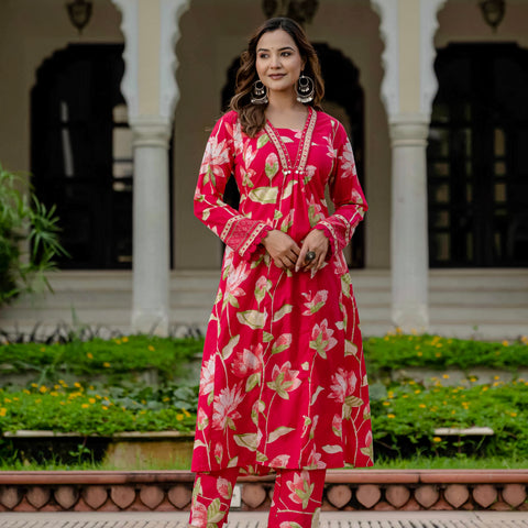Cotton Pink Floral Kurta Set with Pants & Dupatta