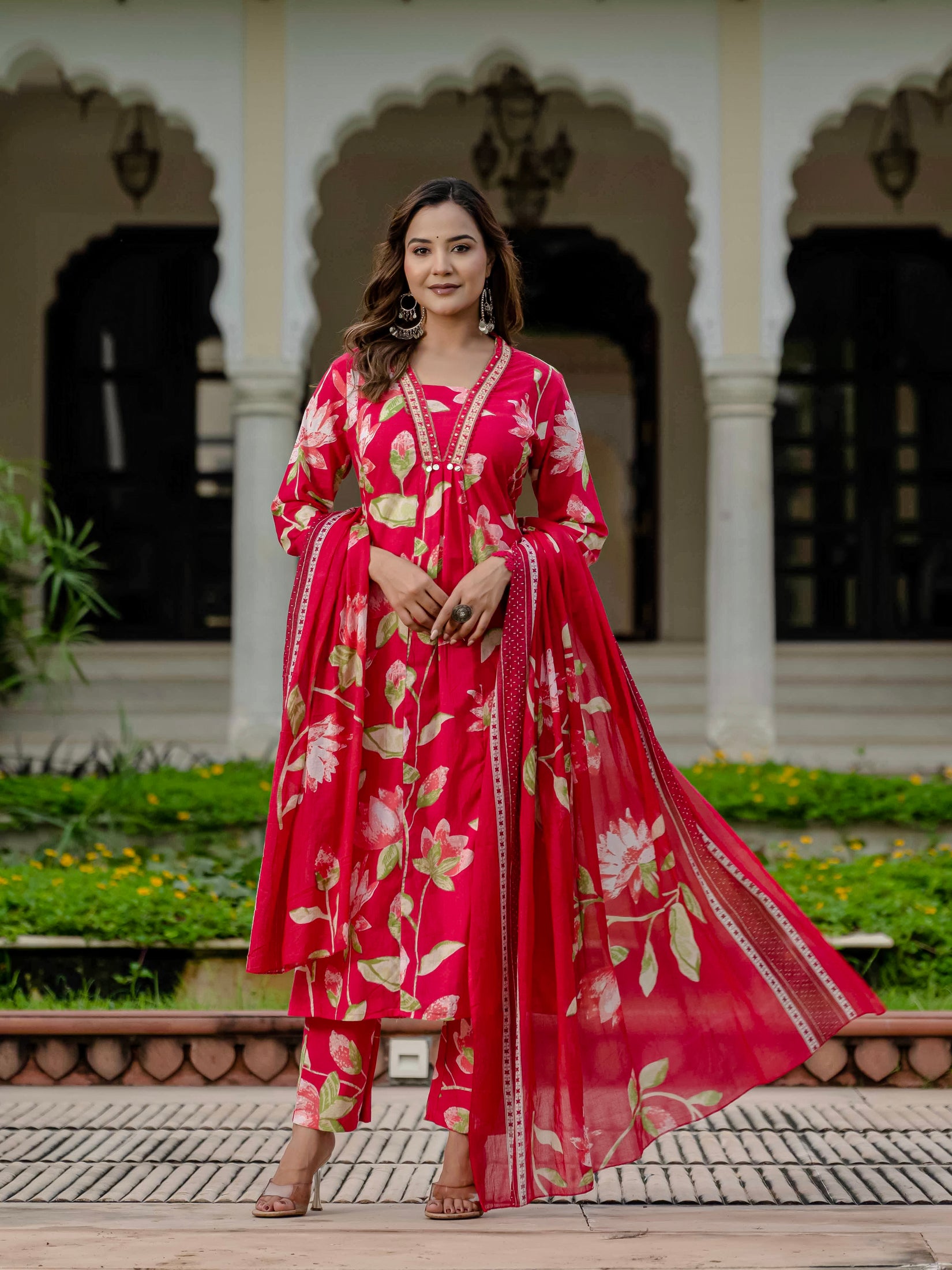 Cotton Pink Floral Kurta Set with Pants & Dupatta