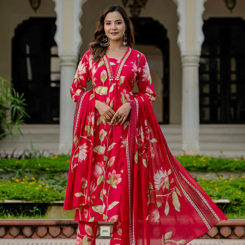 Cotton Pink Floral Kurta Set with Pants & Dupatta
