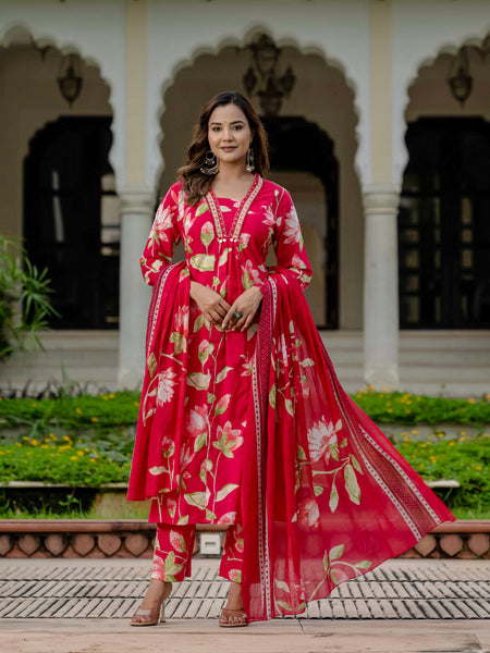 Ebbani Women’s Pure Cotton Pink Floral Kurta Set with Pants & Dupatta