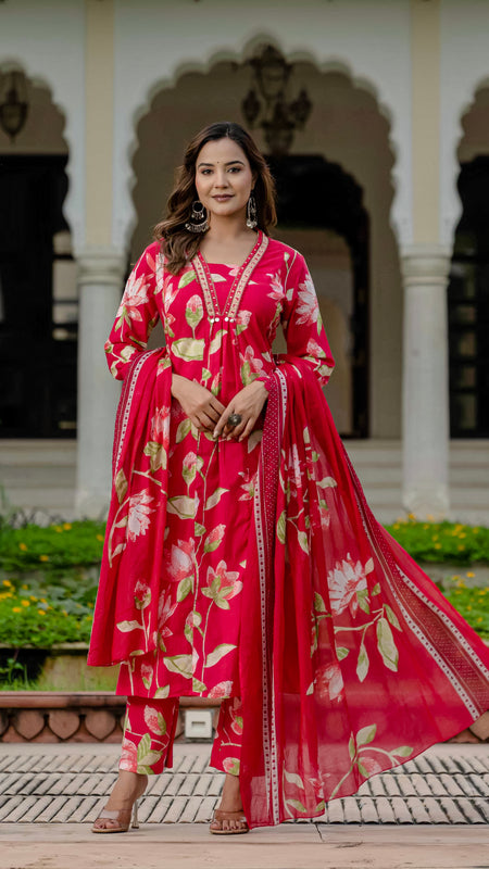 Ebbani Women’s Pure Cotton Pink Floral Kurta Set with Pants & Dupatta