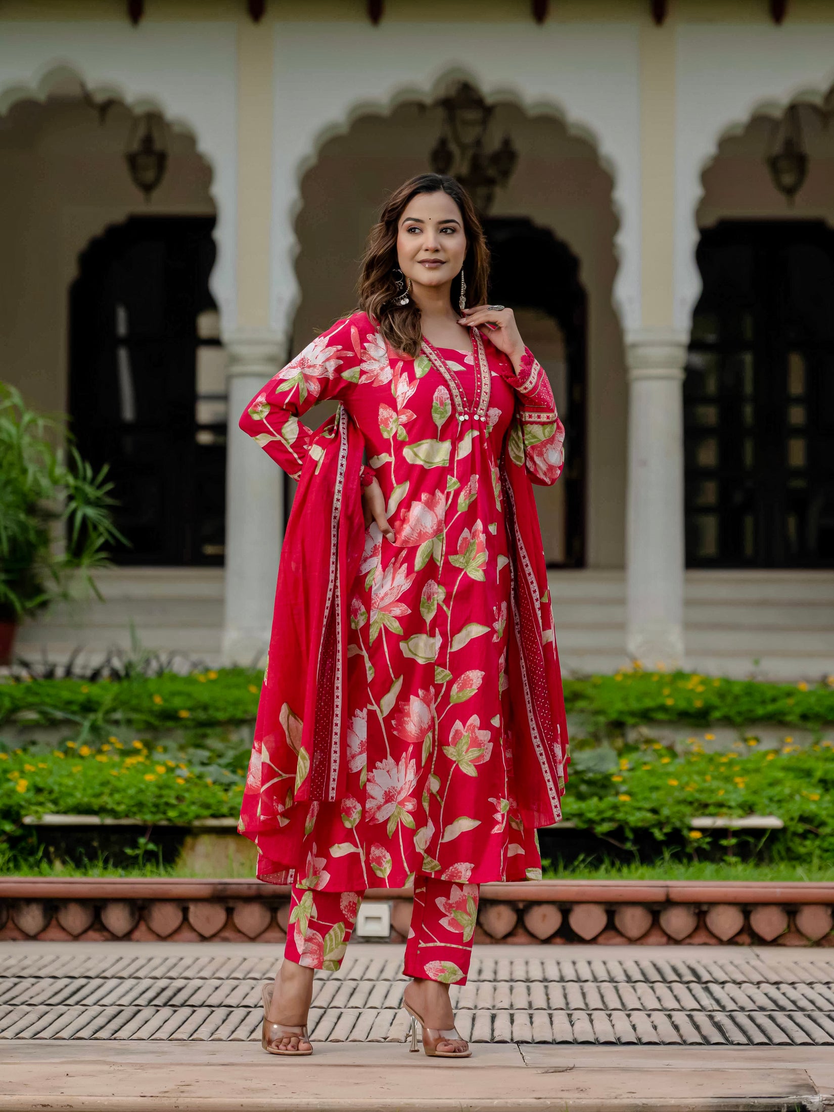 Cotton Pink Floral Kurta Set with Pants & Dupatta
