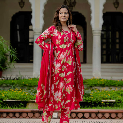 Cotton Pink Floral Kurta Set with Pants & Dupatta