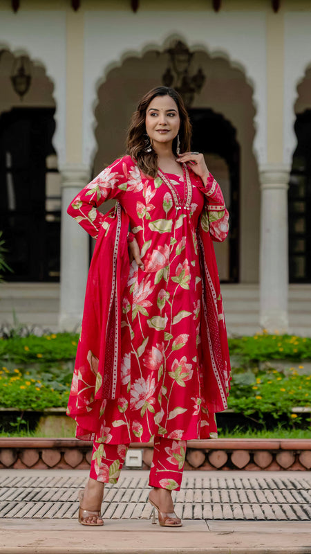 Ebbani Women’s Pure Cotton Pink Floral Kurta Set with Pants & Dupatta