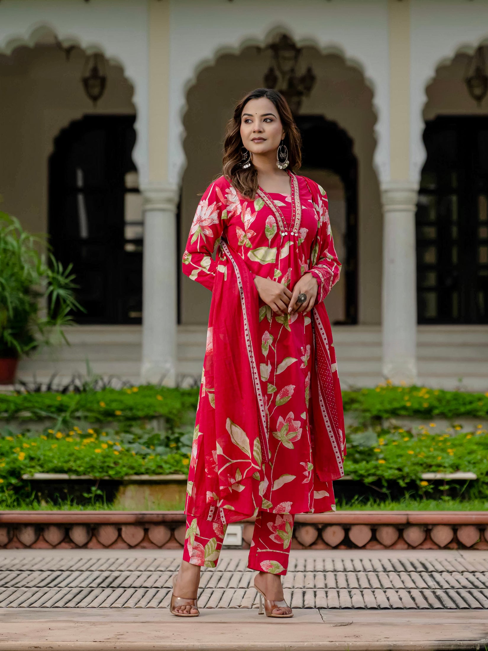 Cotton Pink Floral Kurta Set with Pants & Dupatta