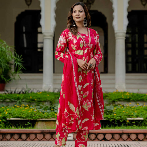 Cotton Pink Floral Kurta Set with Pants & Dupatta