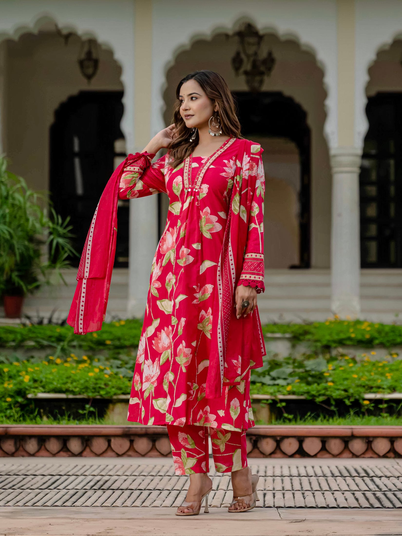 Cotton Pink Floral Kurta Set with Pants & Dupatta