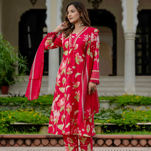 Cotton Pink Floral Kurta Set with Pants & Dupatta